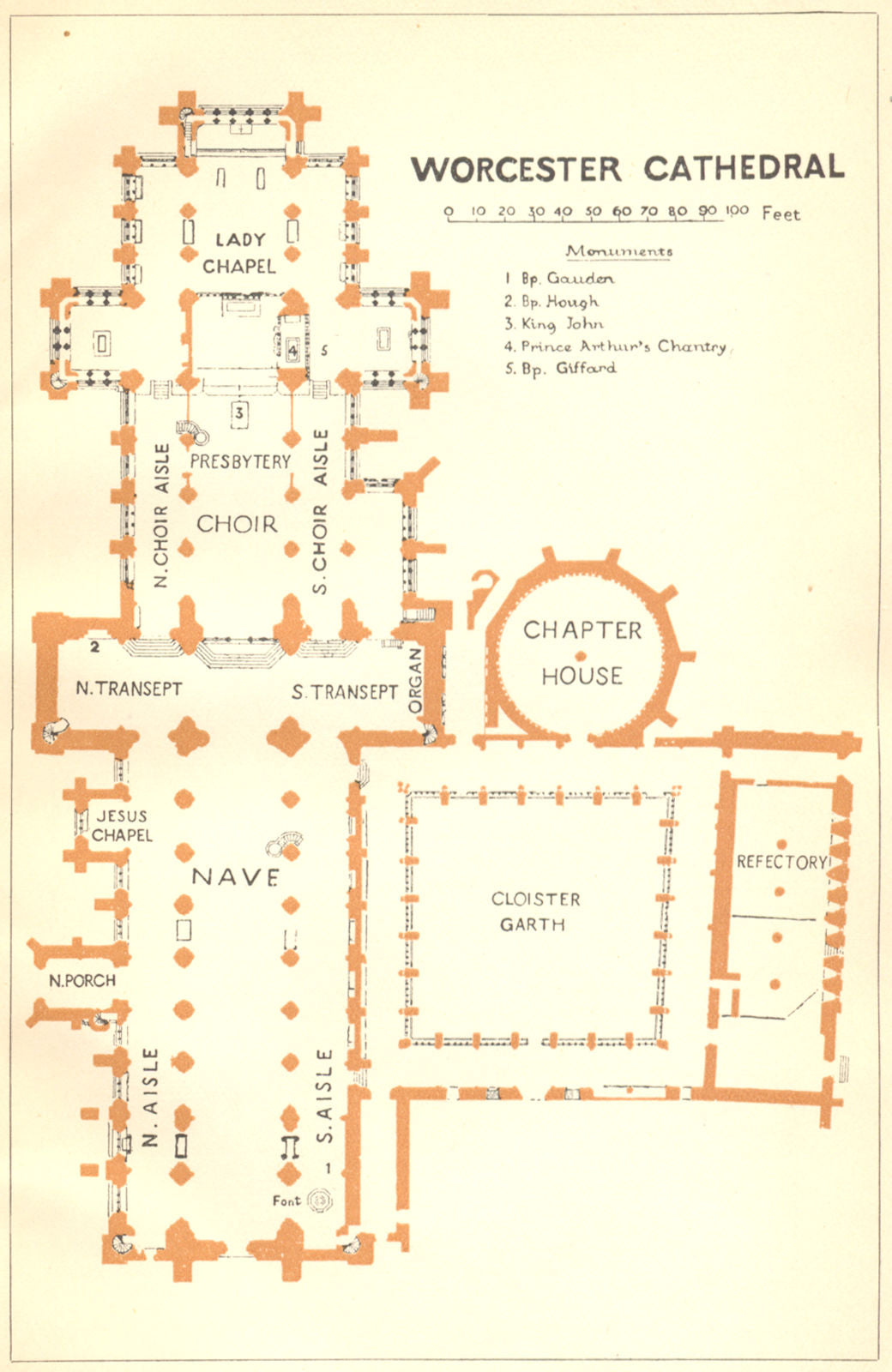 WORCS. Worcester cathedral 1924 old antique vintage map plan chart